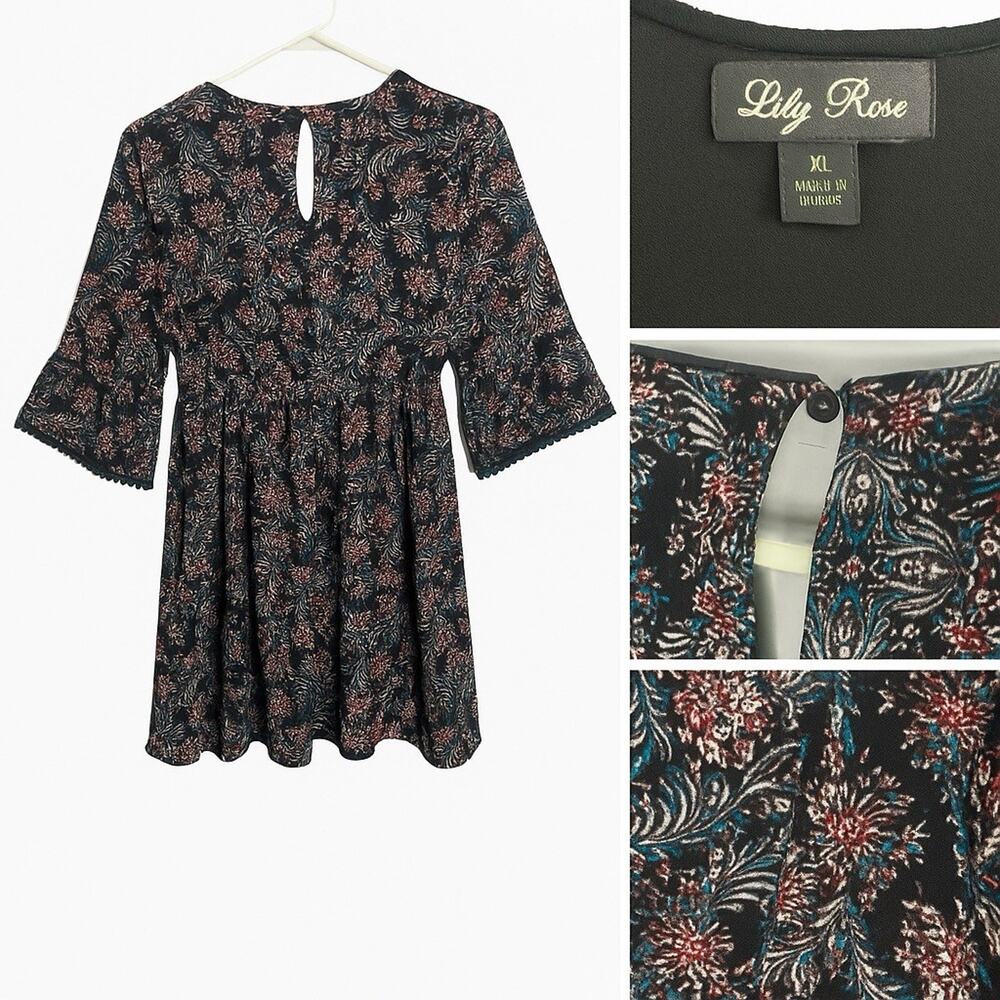 Lily Rose XL Dress Black Floral Print V-Neck Keyhole Back Metallic Accent Boho
